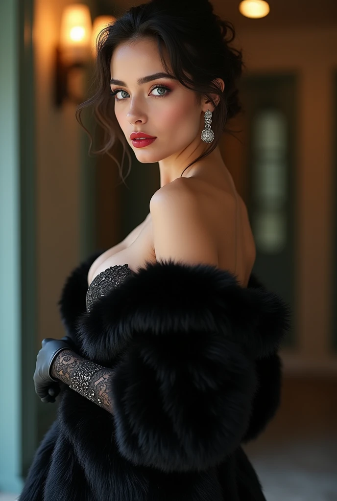 xcharleston style, 1 girl age 23, Alone, Blue eyes, black fur, gloves, dress, huge breasts, jewelry, earrings, looking back, bracelet, lips, make up, lipstick