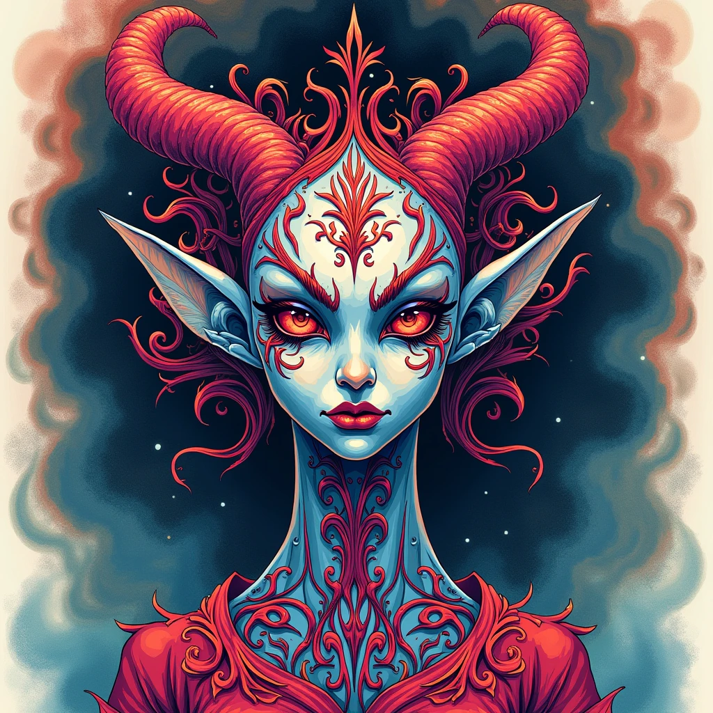 Gary chalk style colour line art drawing, evil fae