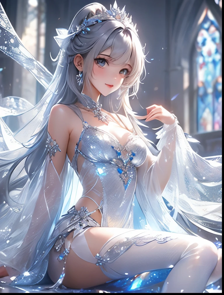 (((SFW、Precision、Highest quality、A first-class masterpiece、Normal body、8k、 Detailed Face 、Ultra-precision、 Normal hand、5refer to、Highest)))、 Neat, pretty, ish, and cute silver-haired beautiful girl wearing a glasswork super high-leg costume