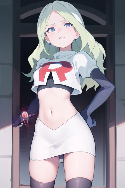 masterpiece, best quality, absurdres, perfect anatomy, 1girl, solo, DianaCavendishBase,DianaCavendish, long hair, jewelry, team rocket,team rocket uniform,white skirt,red letter R,crop top,black thigh-highs,black elbow gloves, sparkling