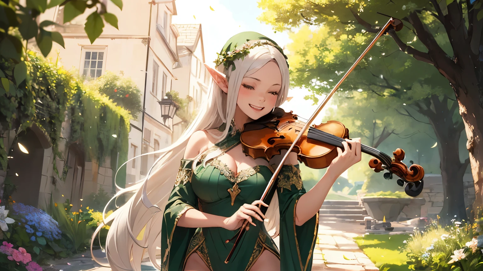 ((best quality)), ((masterpiece)), (detailed), beautiful sexy elf playing harps while sitting beside the center of large tree and surrounding with green field.