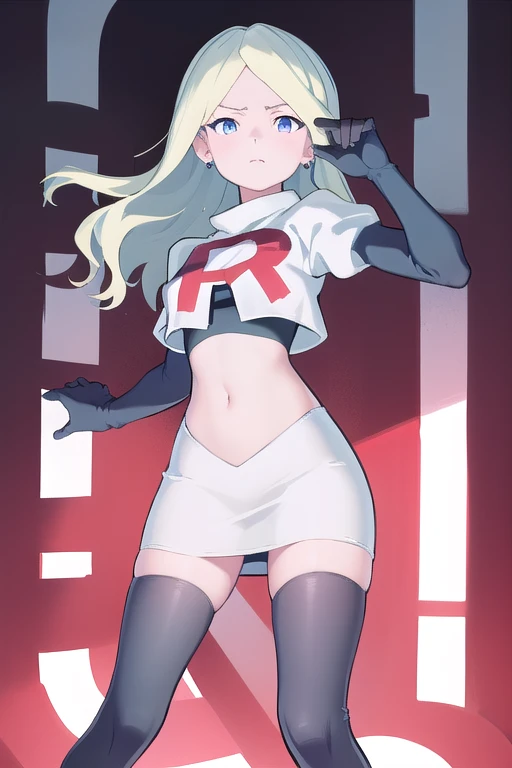 masterpiece, best quality, absurdres, perfect anatomy, 1girl, solo, DianaCavendishBase,DianaCavendish, long hair, jewelry, team rocket,team rocket uniform,white skirt,red letter R,crop top,black thigh-highs,black elbow gloves, sparkling