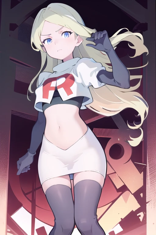 masterpiece, best quality, absurdres, perfect anatomy, 1girl, solo, DianaCavendishBase,DianaCavendish, long hair, jewelry, team rocket,team rocket uniform,white skirt,red letter R,crop top,black thigh-highs,black elbow gloves, sparkling