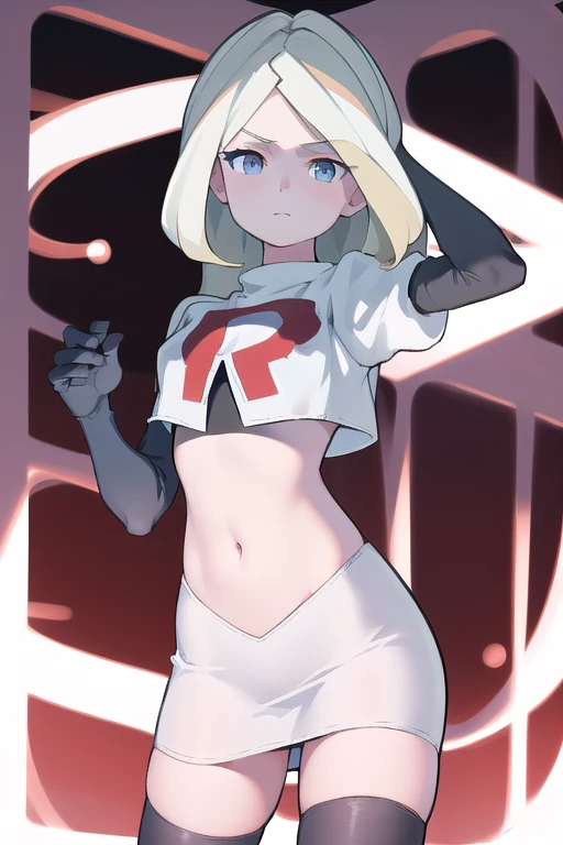 masterpiece, best quality, absurdres, perfect anatomy, 1girl, solo, DianaCavendishBase,DianaCavendish, long hair, jewelry, team rocket,team rocket uniform,white skirt,red letter R,crop top,black thigh-highs,black elbow gloves, sparkling