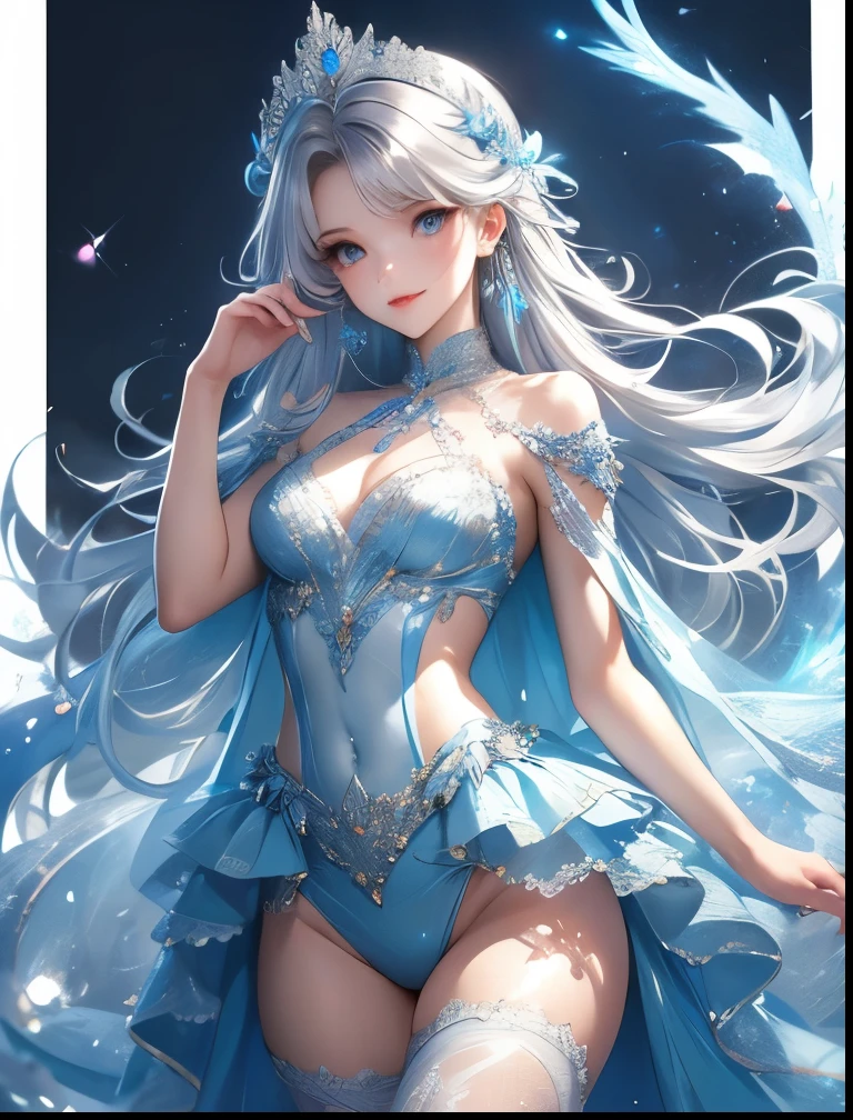(((SFW、Precision、Highest quality、A first-class masterpiece、Normal body、8k、 Detailed Face 、Ultra-precision、 Normal hand、5refer to、Highest)))、color々Neat, pretty, ish, and cute silver-haired beautiful girl wearing a super high-leg costume with her bare navel