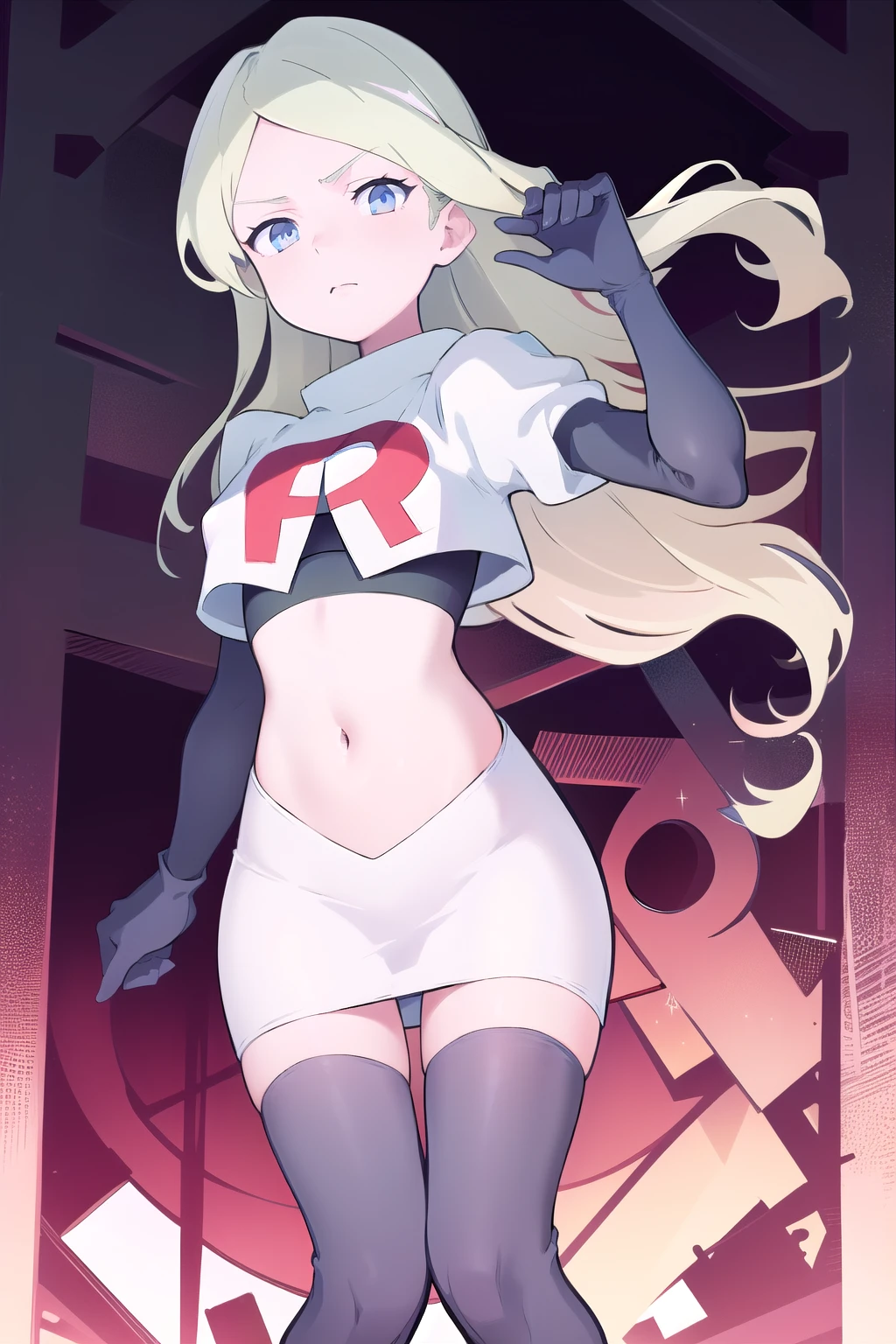 masterpiece, best quality, absurdres, perfect anatomy, 1girl, solo, DianaCavendishBase,DianaCavendish, long hair, jewelry, team rocket,team rocket uniform,white skirt,red letter R,crop top,black thigh-highs,black elbow gloves, sparkling