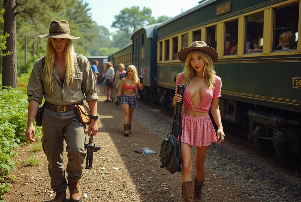 A bunch of cute, sexy, lesbian big game hunters unpack weapons and supplies off of a 1900s steam train, the train has stopped in a dinosaur infested prehistoric jungle
