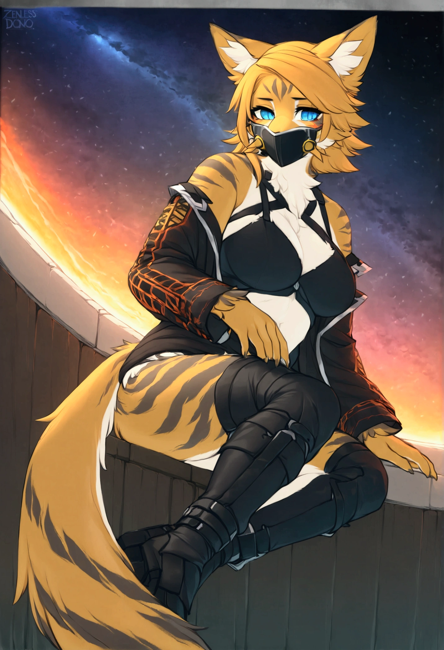 (top quality, best quality, Iriedono, High-quality illustrations, masterpiece, perfect artwork, cinematic light and shading, 16k, 1080p, uploaded on e621)(kemono, furry, anthro, alone), 1 female, (very detailed body, face, tail, arms, hands, legs, head and eyes), galaxy cat, Pulchra, (Zenless Zone Zero), galaxy body, perfect eyes, wearing a mask, galaxy eyes, beautiful galaxy nightwear, in space, front angle view