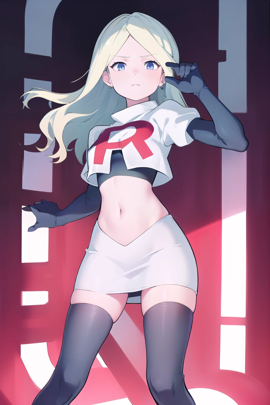 masterpiece, best quality, absurdres, perfect anatomy, 1girl, solo, DianaCavendishBase,DianaCavendish, long hair, jewelry, team rocket,team rocket uniform,white skirt,red letter R,crop top,black thigh-highs,black elbow gloves, sparkling