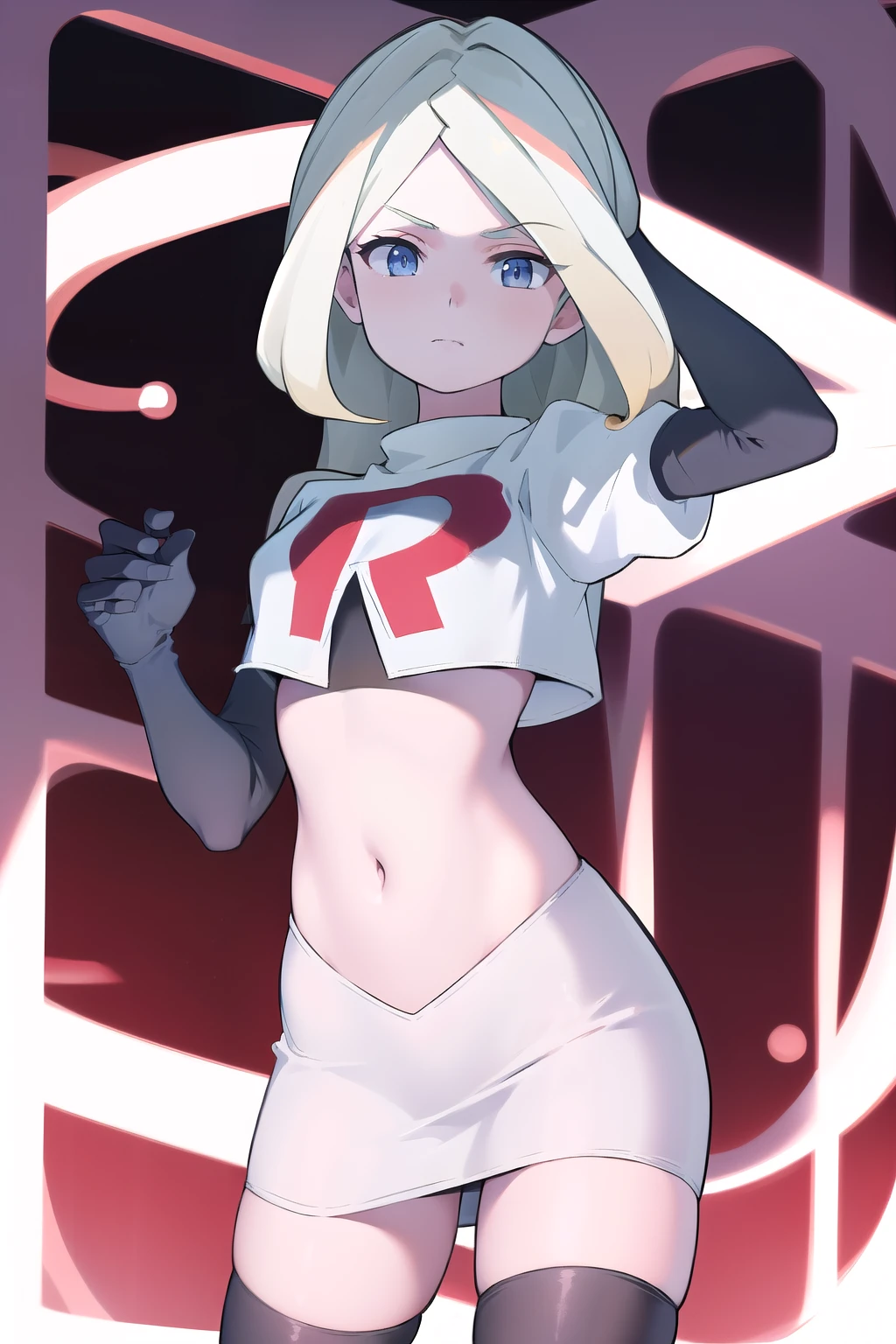 masterpiece, best quality, absurdres, perfect anatomy, 1girl, solo, DianaCavendishBase,DianaCavendish, long hair, jewelry, team rocket,team rocket uniform,white skirt,red letter R,crop top,black thigh-highs,black elbow gloves, sparkling