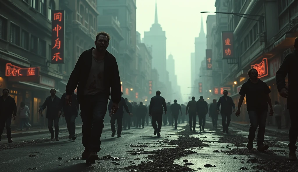 a zombie horde attacking a city, apocalyptic scene, dark atmosphere, cinematic lighting, highly detailed, 8k, photorealistic, dramatic action poses, advanced 3D rendering, horror elements, moody colors, gritty textures, dynamic camera angle, realistic blood and gore effects, intense visual storytelling