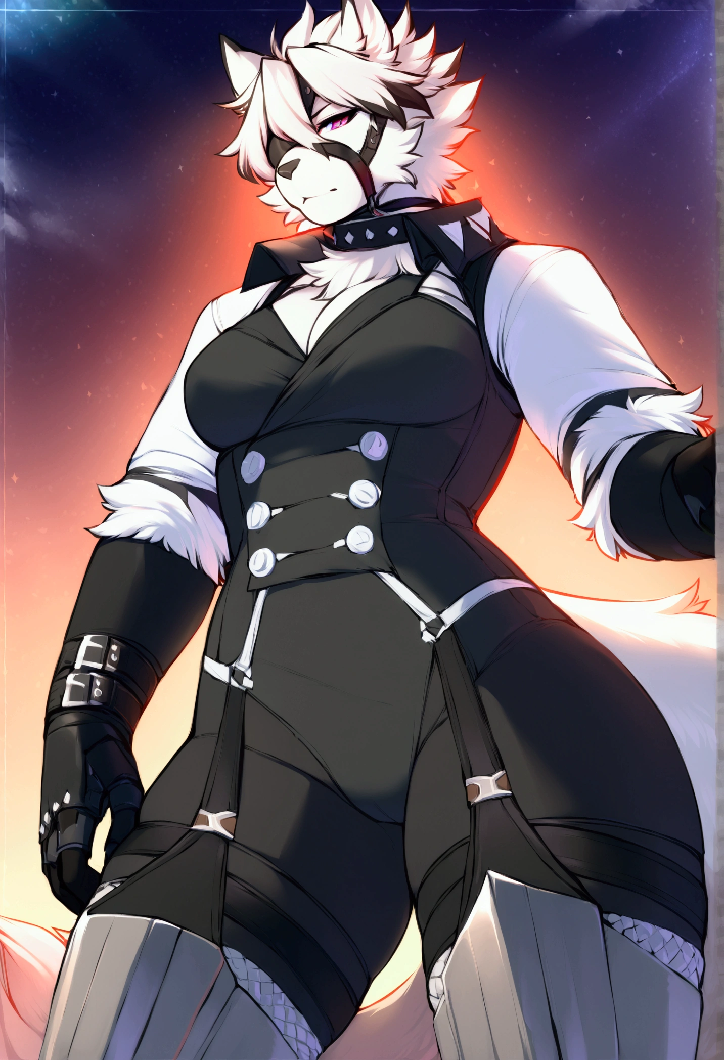 1girl,gigantic breasts,standing in ruined city,(8k),scratches,detailed face,white hair,red eyes,long hair,embarassed,small smile face,high_res, high_definition,the battlefield,Heroic pose,dark suit,military hat,black cape,(symbiote spider man Custome:1.1),