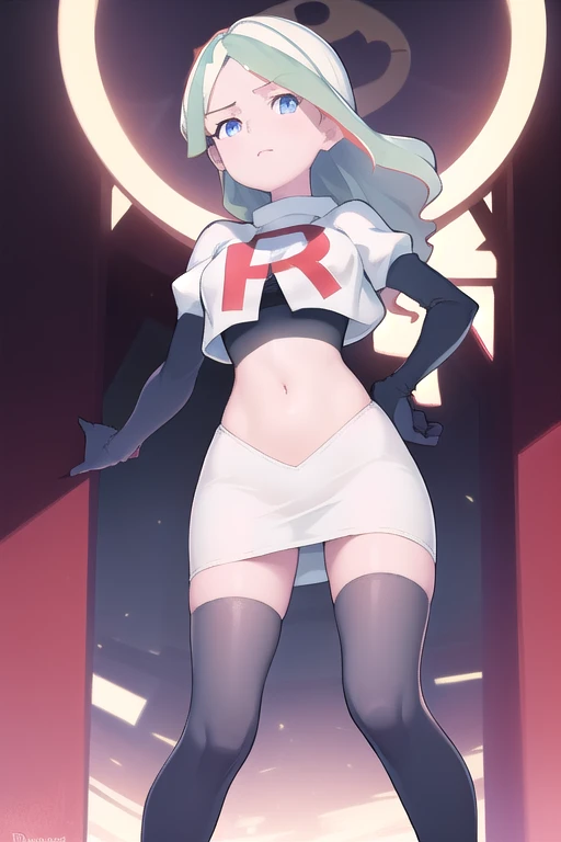 masterpiece, best quality, absurdres, perfect anatomy, 1girl, solo, DianaCavendishBase,DianaCavendish, long hair, jewelry, team rocket,team rocket uniform,white skirt,red letter R,crop top,black thigh-highs,black elbow gloves, sparkling