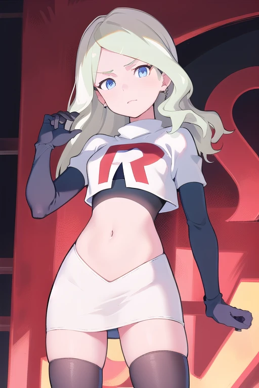 masterpiece, best quality, absurdres, perfect anatomy, 1girl, solo, DianaCavendishBase,DianaCavendish, long hair, jewelry, team rocket,team rocket uniform,white skirt,red letter R,crop top,black thigh-highs,black elbow gloves, sparkling