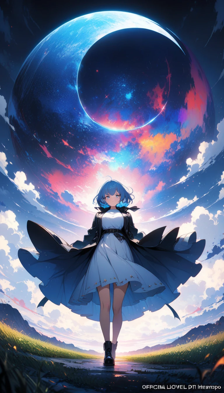 (masterpiece, best quality, Official Art:1.2), ( colorful ), perfect , one girl who is at ease, front view。 short hair。Blue hair color。Late Night。 grassland。 ( crescent:1.3) super precise illustration , Detailed , Dynamic Angle, Beautiful details in, 8k,, ( high definition ), anime style。 black coat。 white t-shirt 。White middle skirt 。extreme wide shot 。gigantic scale。ground-level shot。