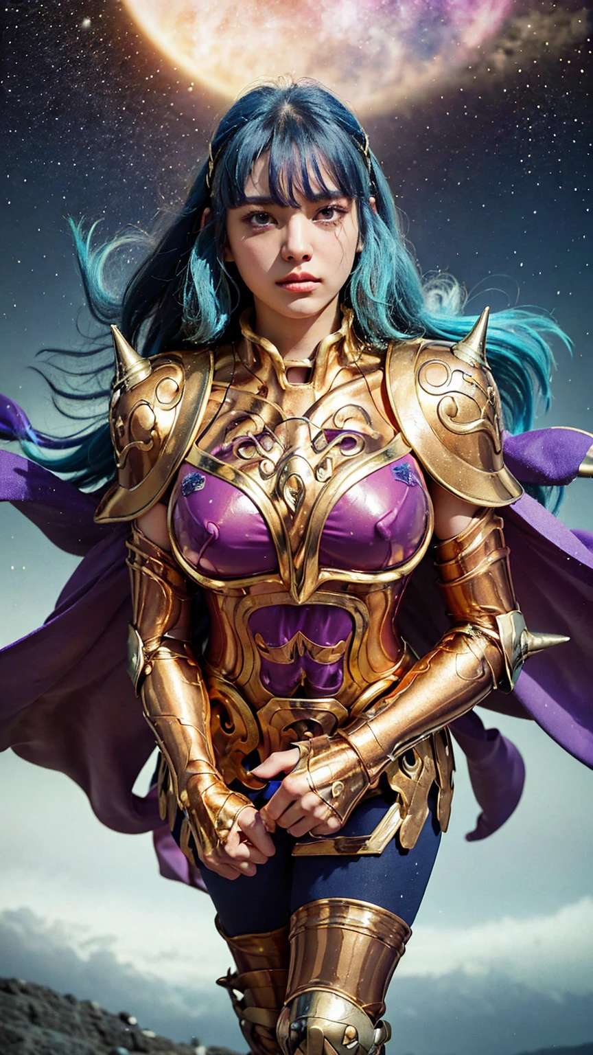 Masterpiece. Half-body portrait. She is the Taurus Knights of Zodiac  warrior. A beautiful young woman (1 girl) about 20 years old. powerful look. Imposing appearance. Long light blue hair, straight hair, ((messy)) hair, ((hair bangs)). (Bangs). hair blowing in the air. Ice Cristals light emerging for her right hand. ((big purple eyes)). Delicate lips, delicate nose. Delicate face. warrior clothes. Golden full medieval armor. Turquoise corselet and purple tide pants. Leather boots. Greek temples ruins background at night, with a starry sky. Multicolor aura around her. 