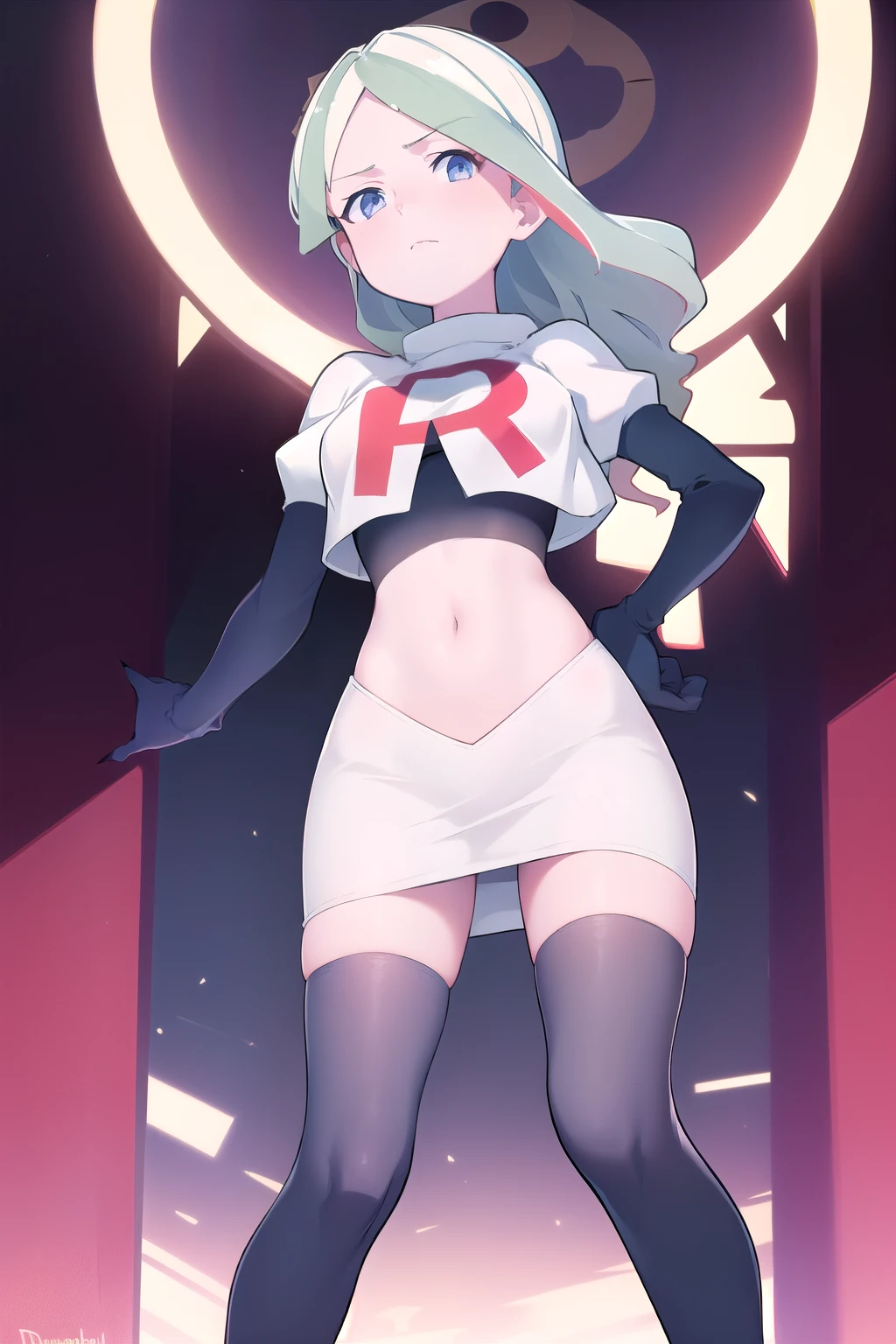 masterpiece, best quality, absurdres, perfect anatomy, 1girl, solo, DianaCavendishBase,DianaCavendish, long hair, jewelry, team rocket,team rocket uniform,white skirt,red letter R,crop top,black thigh-highs,black elbow gloves, sparkling