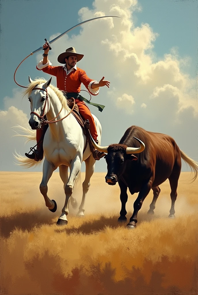 tableau de style impressionniste représentant une scène dramatique inspirée de l'univers de Don Quichotte. Don Quichotte,monté sur son cheval blanc, est illustré dans un mouvement héroïque. Il fait face à un puissant taureau dans une ambiance stylisée et onirique, plutôt que réaliste, évoquant les défis qu'il s'imagine affronter. Les couleurs chaudes et les coups de pinceau expressifs donnent vie à une scène emplie d'énergie, dans un décor évoquant un champ ou une clairière, avec un fond flou et impressionniste qui accentue l’atmosphère rêveuse."