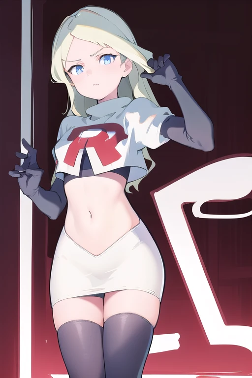 masterpiece, best quality, absurdres, perfect anatomy, 1girl, solo, DianaCavendishBase,DianaCavendish, long hair, jewelry, team rocket,team rocket uniform,white skirt,red letter R,crop top,black thigh-highs,black elbow gloves, sparkling