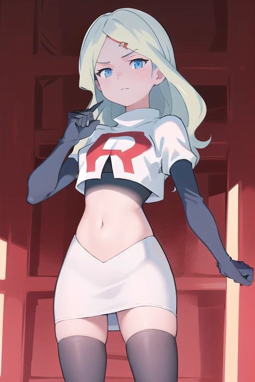 masterpiece, best quality, absurdres, perfect anatomy, 1girl, solo, DianaCavendishBase,DianaCavendish, long hair, jewelry, team rocket,team rocket uniform,white skirt,red letter R,crop top,black thigh-highs,black elbow gloves, sparkling