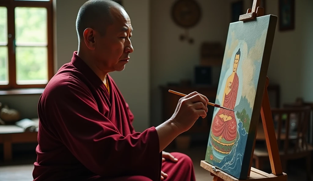 monk wearing Rasa (Kashaya ) red scrambler, he is 30 years old, ( paints a picture in the house) Filmed with Canon EOS R5 , LENS 50MM, /1.8, --with 16:9 -- at 5