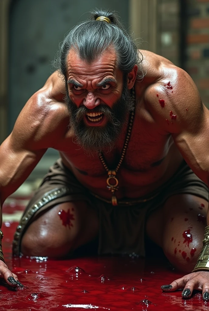 10-year-old rural werewolf boy,Red skin,Topless,barefoot,The muscles are plump and shiny,Huge pectoral muscles,sweat,Armpit Hair,Leg hair,chest hair,whole body,Feet tied with chains,Suspended from beams,Body hanging upright,body flushed
