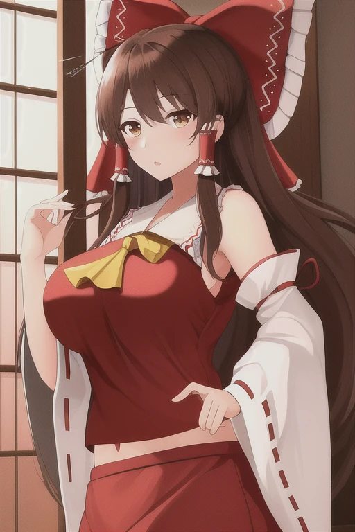 1 Girl,Reimu Hakurei ,Reimu Hakurei, Reimu Hakurei, ( Brown Eyes :1.5), Brown Hair, Hair Tube,  long hair,  red ribbon ,  side lock, Non-traditional shrine maidens, ,  best quality,  high definition ,  Unity 8k Wallpaper(shape:0.8), ( beautiful attention to detail:1.6),  high definition の顔, the anime one, The picture is seen from the front ,  perfect lighting very detailed CG, Big Breasts ,  standing, Heart-shaped Eyes Open Her Face and Mouth,