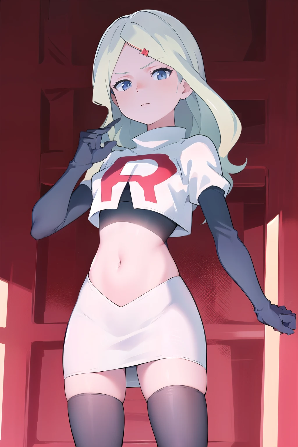 masterpiece, best quality, absurdres, perfect anatomy, 1girl, solo, DianaCavendishBase,DianaCavendish, long hair, jewelry, team rocket,team rocket uniform,white skirt,red letter R,crop top,black thigh-highs,black elbow gloves, sparkling