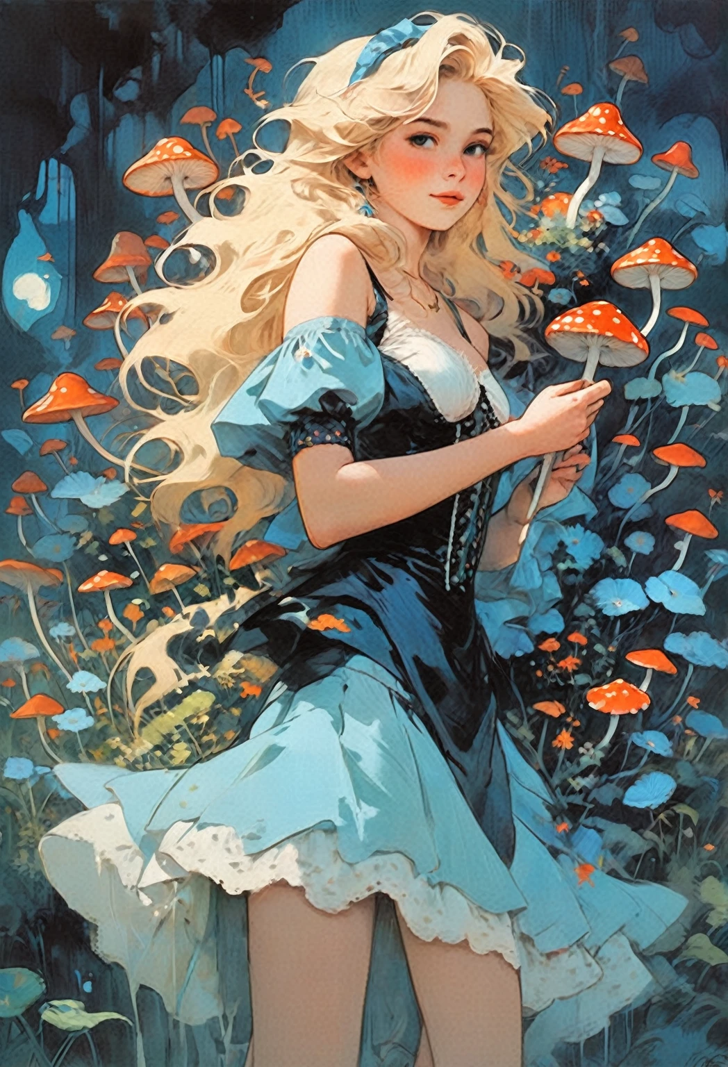 a beautiful 20 year old blonde woman with big messy hair in a blue dress, white stockings, black headband, cleavage, holding a glowing mushroom, fantasy art style, rossdraws cartoon vibrant, alice x. zhang, alice in wonderland cyberpunk, cute detailed digital art, colorfull digital fantasy art, digital fantasy art ), glossy digital painting, rossdraws pastel vibrant, rossdraws 2. 5, rossdraws 1. 0