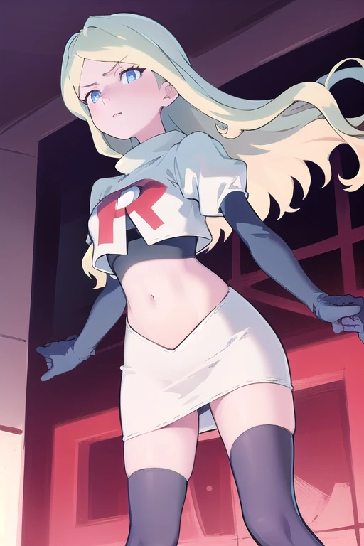 masterpiece, best quality, absurdres, perfect anatomy, 1girl, solo, DianaCavendishBase,DianaCavendish, long hair, jewelry, team rocket,team rocket uniform,white skirt,red letter R,crop top,black thigh-highs,black elbow gloves, sparkling