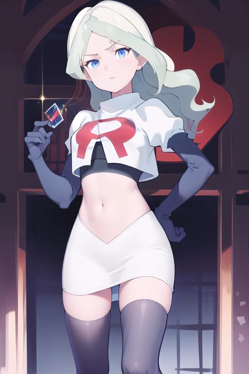 masterpiece, best quality, absurdres, perfect anatomy, 1girl, solo, DianaCavendishBase,DianaCavendish, long hair, jewelry, team rocket,team rocket uniform,white skirt,red letter R,crop top,black thigh-highs,black elbow gloves, sparkling