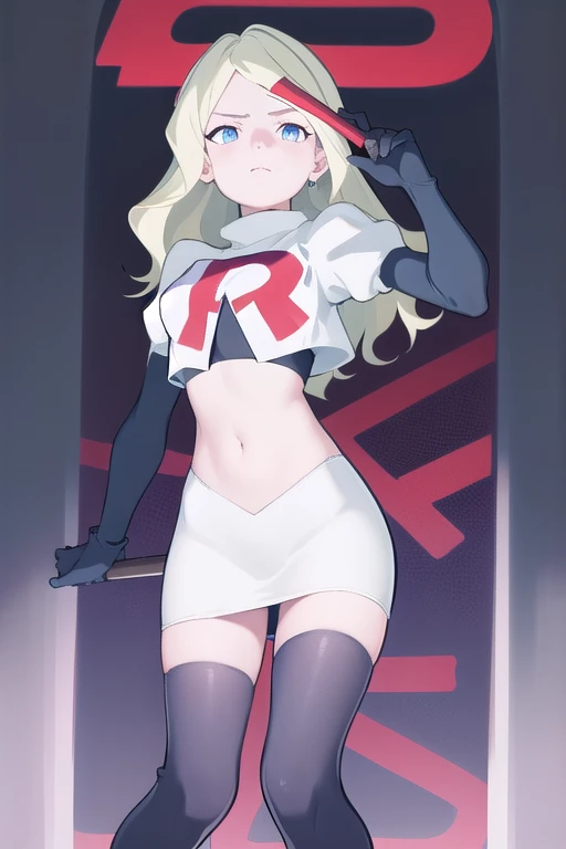 masterpiece, best quality, absurdres, perfect anatomy, 1girl, solo, DianaCavendishBase,DianaCavendish, long hair, jewelry, team rocket,team rocket uniform,white skirt,red letter R,crop top,black thigh-highs,black elbow gloves, sparkling