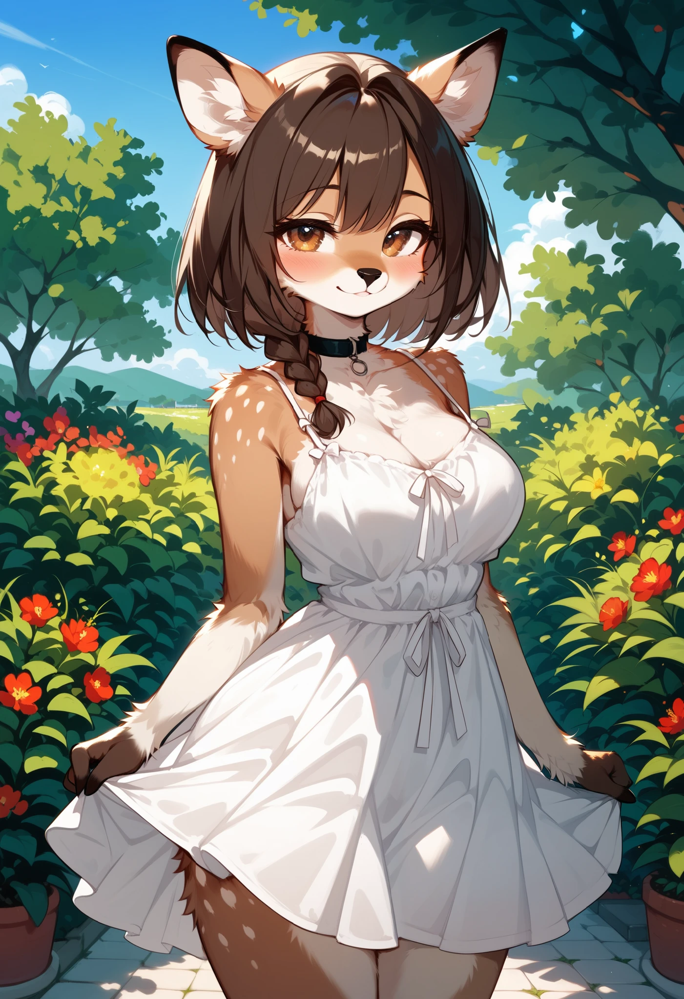 (score_9,score_8_up,score_7_up), furry, solo, female deer, doe, (body fur), brown hair, medium hair, single braid, brown eyes, half-closed eyes, seductive smile, blush, medium breasts, wide hips, chocker, white sundress, sleeveless, spaghetti straps, looking at viewer, arms behind back, outdoors, garden