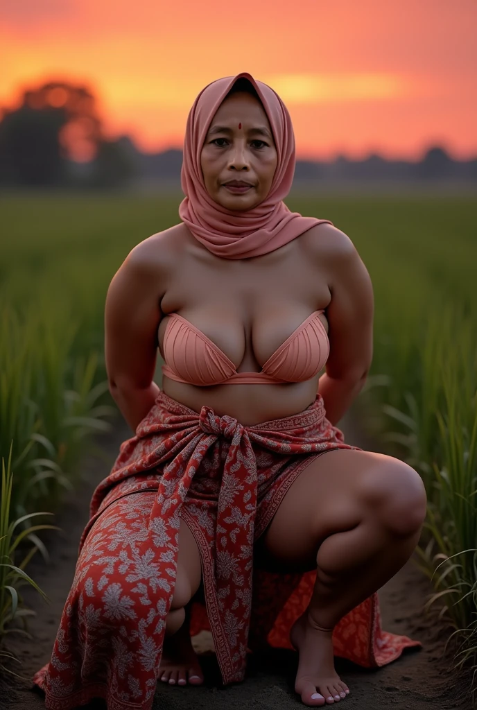(On a table:1.2, Best quality:1.2), ((malaysian woman, malay, mature, mature face, Sold for 50 years)), (Hijab:1.35,Erotic naked body, Oversized cleavage:1.55, Hairy underarms:1.3), (Detailed faces, Detailed skin texture), (Stick out her tongue:1.5, Long tongue:1.5, abandoned cottage:1.3, farms)