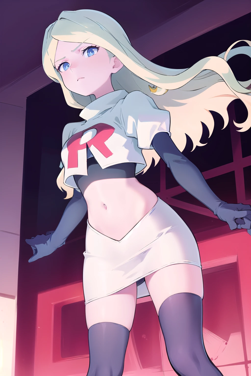 masterpiece, best quality, absurdres, perfect anatomy, 1girl, solo, DianaCavendishBase,DianaCavendish, long hair, jewelry, team rocket,team rocket uniform,white skirt,red letter R,crop top,black thigh-highs,black elbow gloves, sparkling