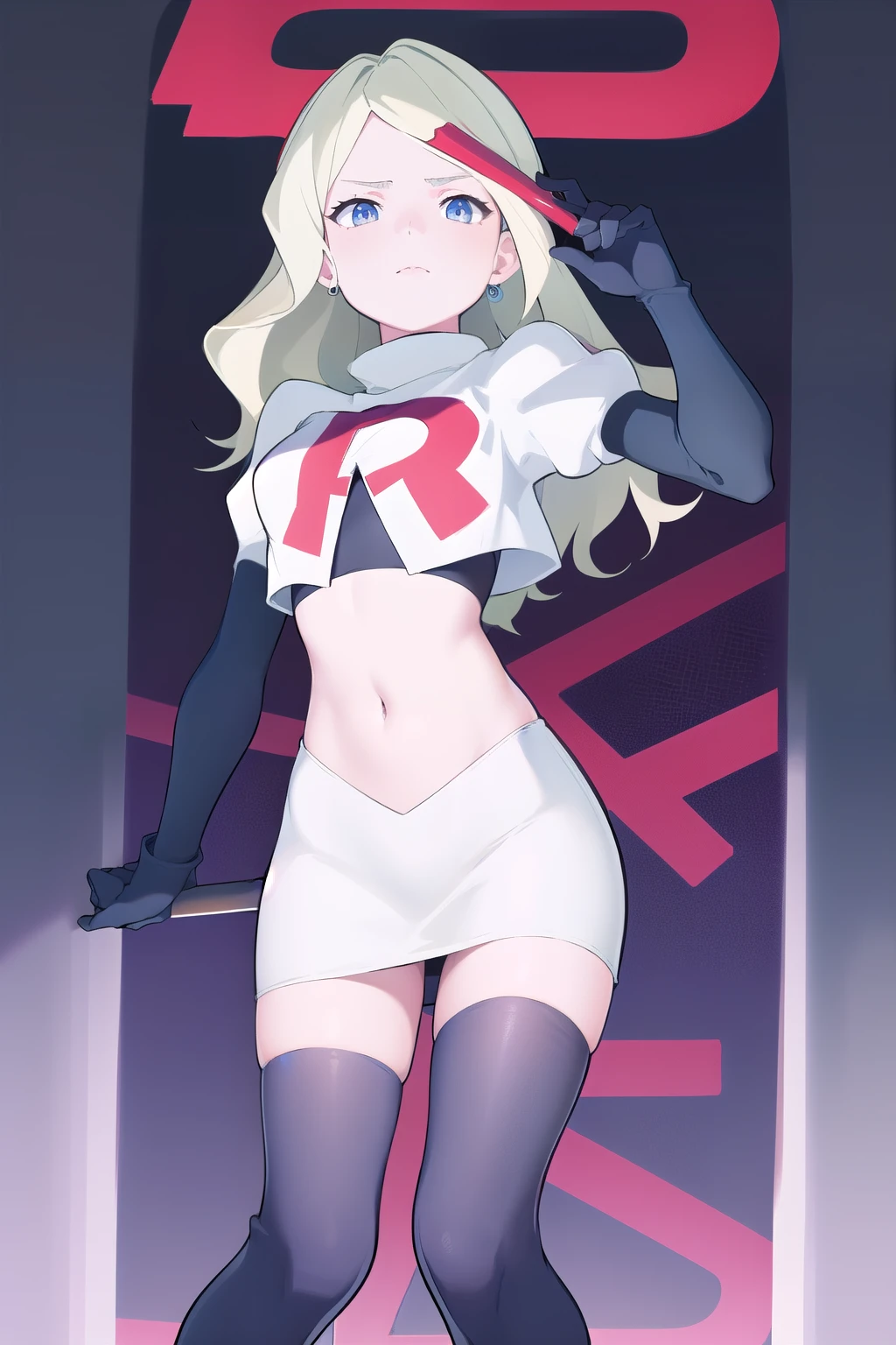 masterpiece, best quality, absurdres, perfect anatomy, 1girl, solo, DianaCavendishBase,DianaCavendish, long hair, jewelry, team rocket,team rocket uniform,white skirt,red letter R,crop top,black thigh-highs,black elbow gloves, sparkling