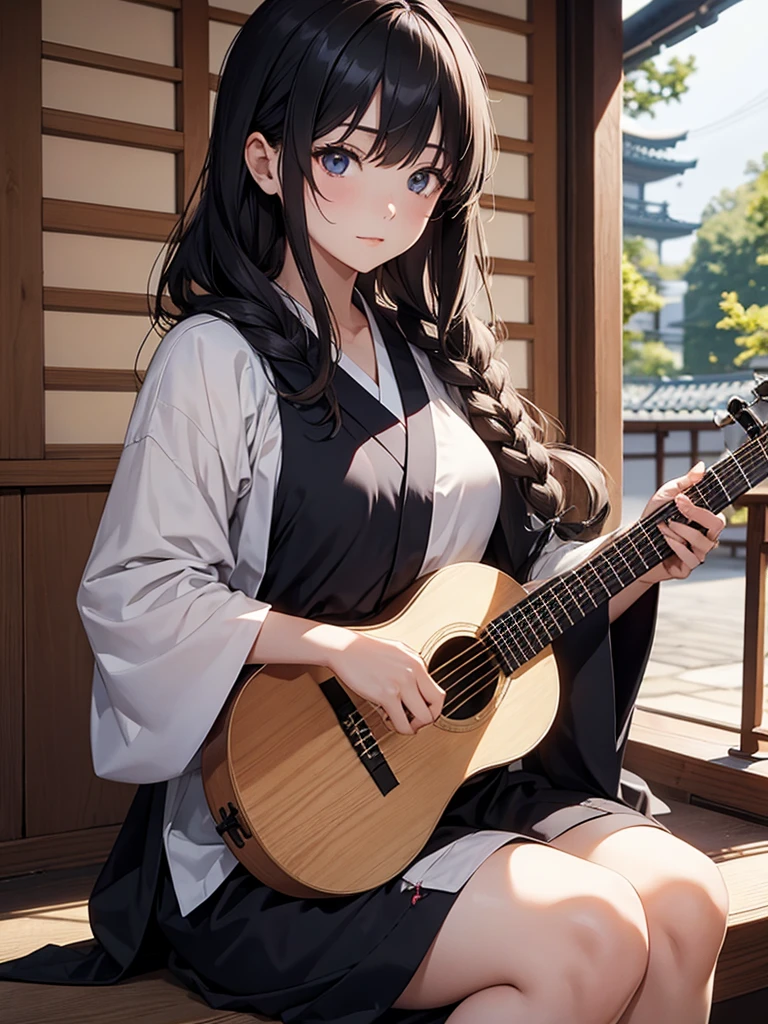 (shylily/(Twich/):1.5),(masterpiece:1.2),(best quality:1.2),28 years old、messy hair、precision 6 string acoustic guitar:1.2、Anatomically correct fingers、acoustic guitar、Only one guitar、Please look straight ahead and sing、(Turn your face forward:1.2)、swimsuit,,long hair,white silk