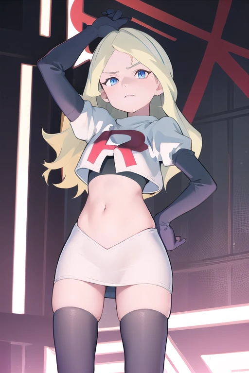 masterpiece, best quality, absurdres, perfect anatomy, 1girl, solo, DianaCavendishBase,DianaCavendish, long hair, jewelry, team rocket,team rocket uniform,white skirt,red letter R,crop top,black thigh-highs,black elbow gloves, sparkling