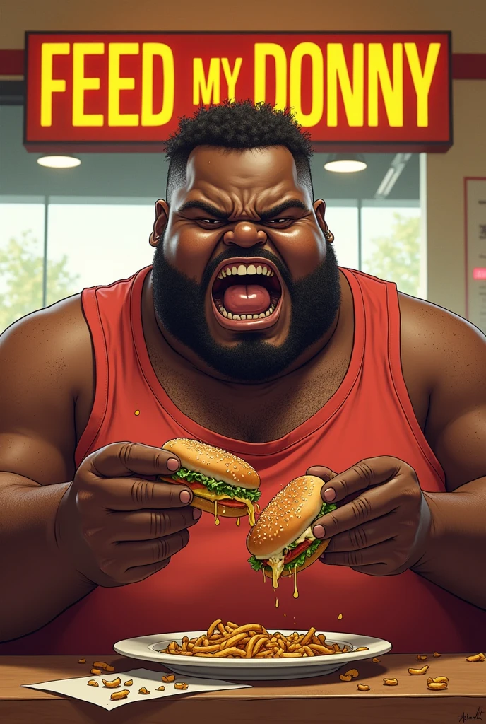 Medium muscular guy with medium long brown hair and black beanie hat eating fried chicken
