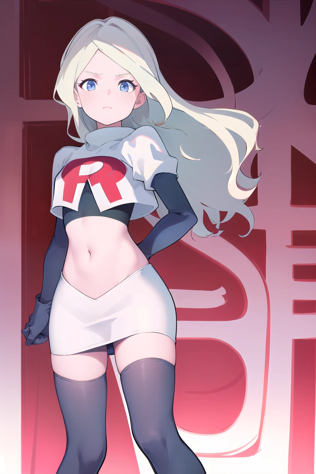 masterpiece, best quality, absurdres, perfect anatomy, 1girl, solo, DianaCavendishBase,DianaCavendish, long hair, jewelry, team rocket,team rocket uniform,white skirt,red letter R,crop top,black thigh-highs,black elbow gloves, sparkling