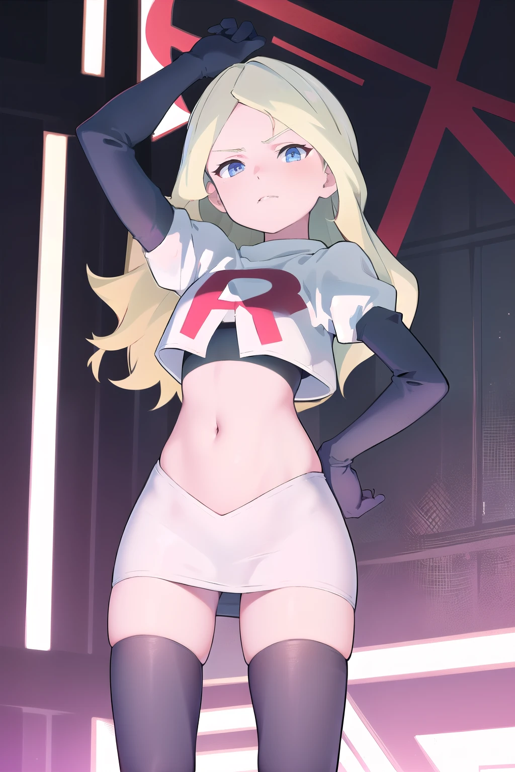 masterpiece, best quality, absurdres, perfect anatomy, 1girl, solo, DianaCavendishBase,DianaCavendish, long hair, jewelry, team rocket,team rocket uniform,white skirt,red letter R,crop top,black thigh-highs,black elbow gloves, sparkling