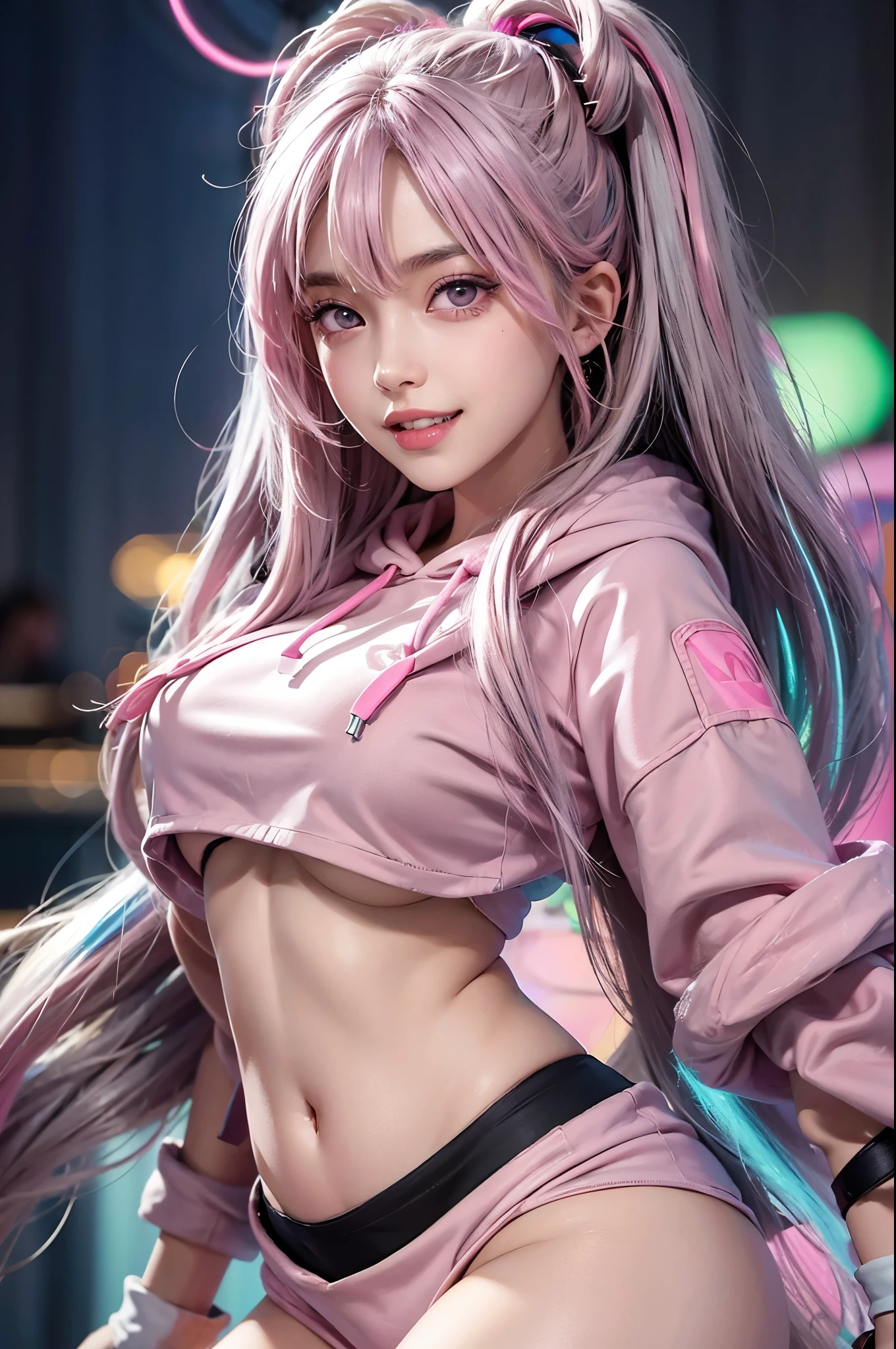 girl, (Lower bust:1.4),Large breasts droop、(ssmile:1.5),Colored inner hair,Long gray hair:1.5,Long unkempt hair:1.35,cabelos preto e longos,Complex hairstyles,(((neon_Pink_There are eyes:1.3))),complex eyes,Beautiful and delicate eyes,symetric eye)),(spider lower abdomen,Willow waist,Wide hips,athletic body build,inflatable legs,Detailed body), Cute big breasts,'s,((((cropped hoodie,)))), (dynamicposes:1.0),Just focus,Embarrassing,(Located in the center,Scale to fit the dimensions,the rule of thirds), Neon lights are particularly eye-catching, very bright neon light,during night, star night, kosmos, artsy photography,(Photos taken by sldr),A high resolution, Focus sharp, (realistic artwork:1.37),(extremely detaild's CG unified 8k wallpapers),((Synthetic wave background theme)),(((vibrant with colors))),iintricate,(intricate background),(tmasterpiece),(Best quality at best),It's a perfect face,Perfect facial detail,Realistic face,Live photos,analogue style,((Complicated details)),(((actual))),