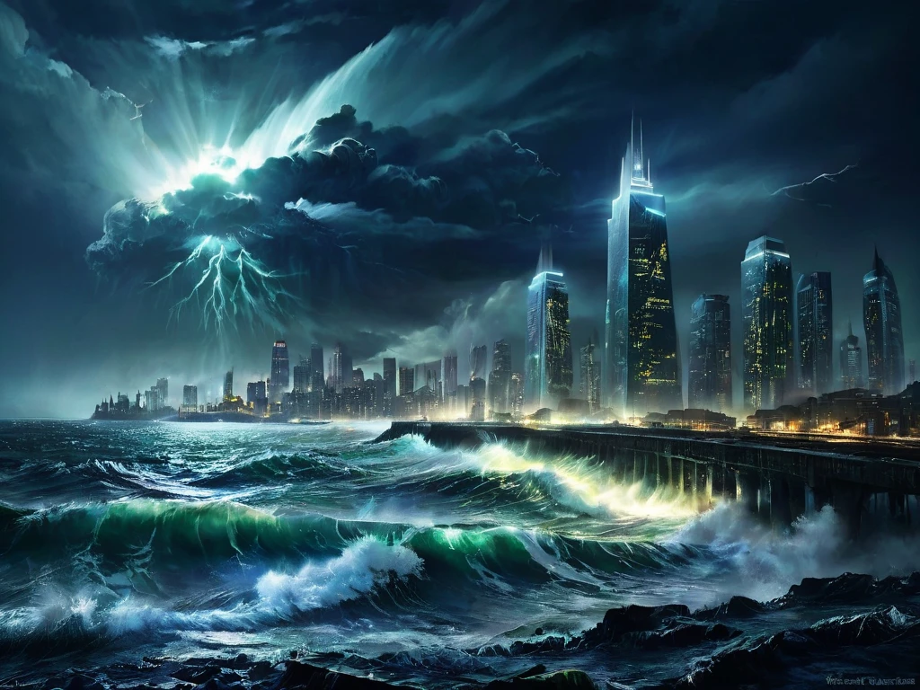 A dark, stormy ocean with crashing waves in the foreground, and a futuristic, dystopian city skyline in the background illuminated by a bright, powerful light beam emanating from the sky