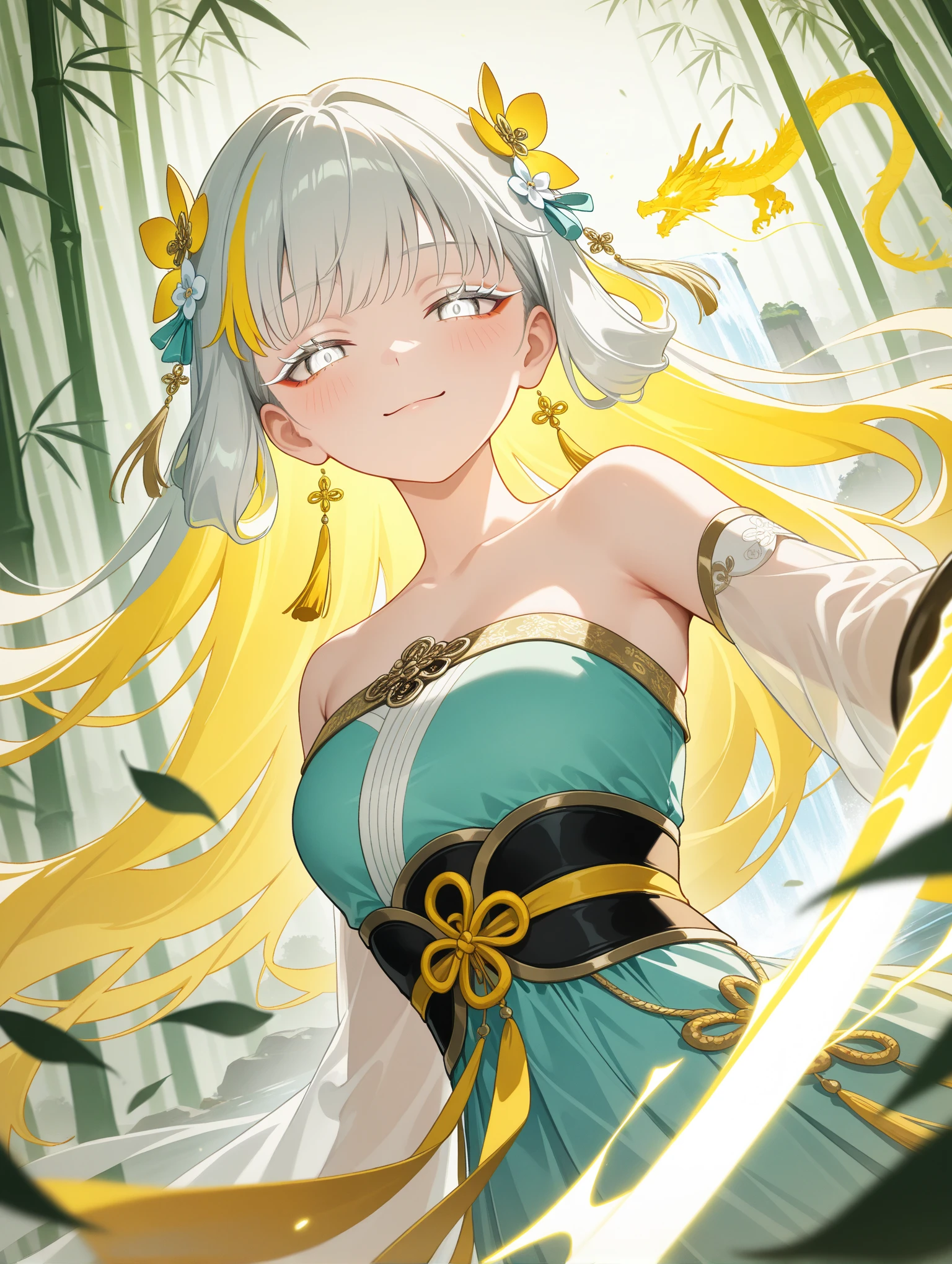 glowing eyes, streaked hair, glowing inner hair, glowing streaks, 1girl, jinhsi \(wuthering_waves\), white hair,blonde_eyes, large_breasts, (upper_body,close-up:1.4),Dynamic pose,串,((aqua and yellow:0.85) but Limited palette:1.2),//,Chinese architecture,Ink,hair flowers,bamboo forest,bamboo,//(long hair),small breasts,smile,((dragon)),Yellow lightning,(makeup,white eyeliner),white eyeshadow,white eyes,(long eyelashes),half-closed eyes,Dragon skirt,blush,holding sword,chinese sword,(dynamic angle:1.2),(hanfu:1.4),chinese clothes,transparent clothes,tassel,chinese knot,bare shoulders,kanzashi,draped silk,gold trim,wind,bokeh,scattered leaves,flying splashes,waterfall,splashed water,looking at viewer,                                         
 ,masterpiece,best quality,newest,