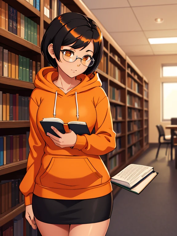 (masterpiece:1.2), best quality, high resolution, unity 8k wallpaper, (illustration:0.8), 1girl, solo, a woman in her early 20's, she's a college student, short black hair with orange highlights, amber eyes, brown skin. She's reading a book. (Wearing: Orange hoodie, glasses, black pencil skirt). Inside of a college library
