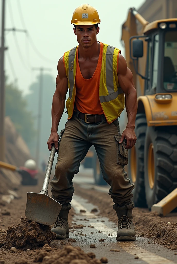 building construction site, sitting on a stack of lumber, lunchbox, thermos, sweaty, JesseSantana is a construction worker, wearing sweaty (white tank top:1.3), (brown dirty work trousers:1.4), socks, (tan work boots), (hardhat:1.2), (((full body portrait))), wide angle <lora:workTrousers:0.4> <lora:JesseSantana-mature:0.8>