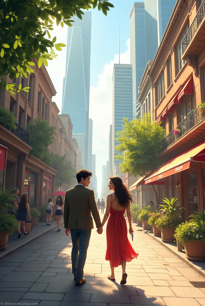 A yellow-skinned, dark-haired man holding a picture in his hand, a black-haired, white-skinned woman, bandeau dress, holding hands, walking on the city road, happy and happy, romantic, early morning sun sprinkled on the earth, realism, rendering, picture warmth
