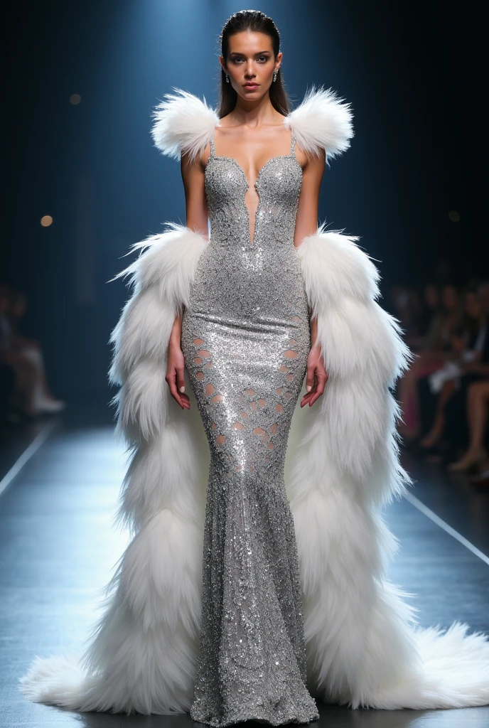 The models are in the hall々A dynamic scene of walking down the runway with、highest quality、16K high resolution、Super detailed、masterpiece、Live shooting、realistic:1.4、hyper realism:1.4、sharp focus、very delicate and beautiful、small details、1 female、alone、(full body shot:1.1)、(beautiful face:1.5)、(mature perfect body)、(detailed face:1.1)、(thin and beautiful eyes)、Perfect round eyes、(lip details)、(lipstick)、(eyeliner)、(mascara)、(eye shadow)、Spotlight、surrounded by a large audience、A model elegantly wearing a high fashion outfit.、The audience is mesmerized, and the atmosphere is vibrant and colorful, Capturing the essence of a high-end fashion show、(Clothes that expose your beautiful legs to the fullest)、At SFW