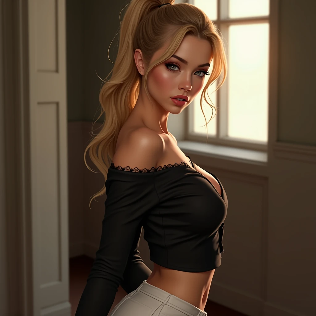 One girl,He didn't,Large Breasts,Red lips,smile,ponytail,Realistic