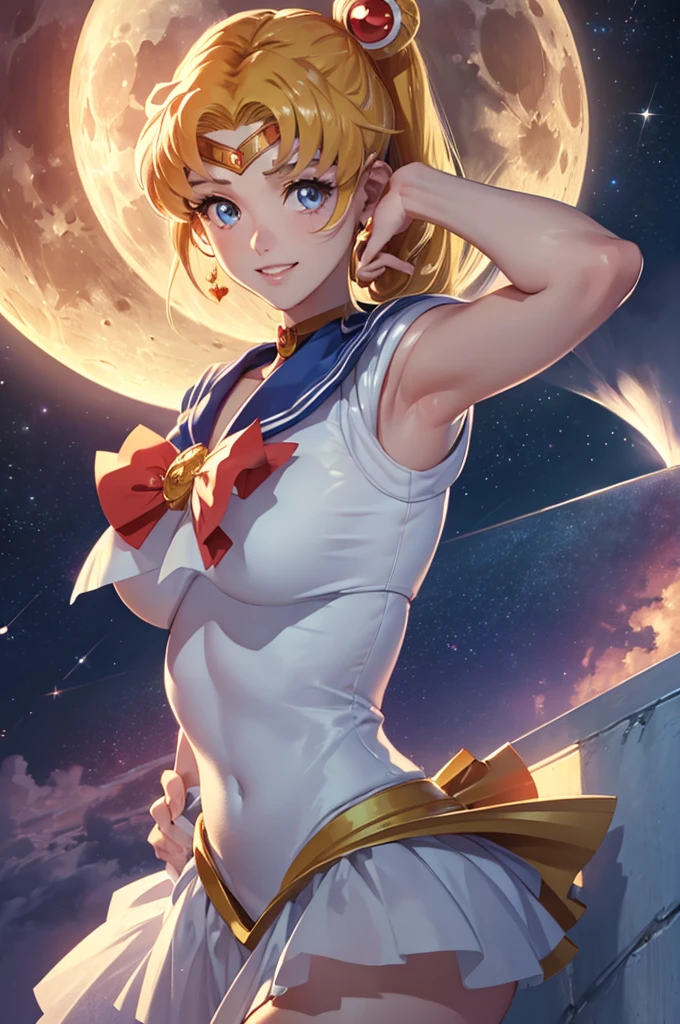 (Extreme Detail CG Unity 8K Wallpaper, masterpiece, highest quality), (exquisite light and shadow, very dramatic picture, cinematic lens effects), (sailor moon: 1.1), cute smile, double tail, blue eyes, blonde, tight top, white gloves, mini skirt, dynamic pose), The background is space (excellent details, excellent lighting, wide angle), (excellent rendering, Enough to stand out in its class),exposed,super tiny string ??????,small ???????,exposed,super tiny string ??????,exposed,Completely ?????